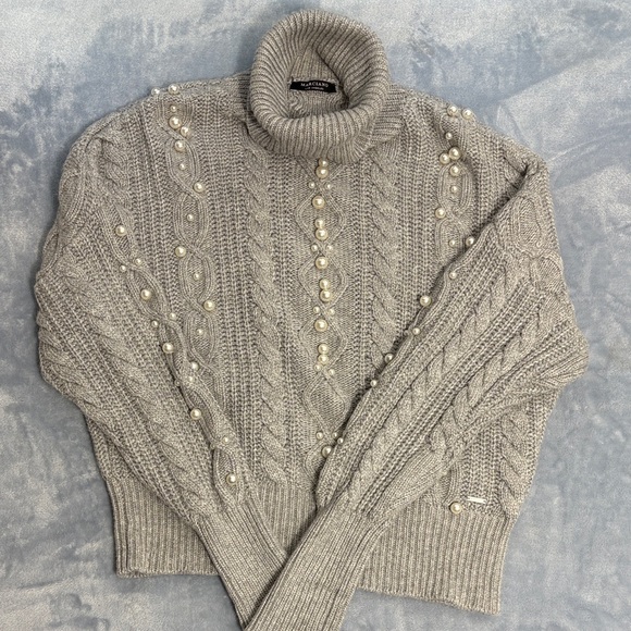 Marciano Gray Turtleneck Faux Pearl Embellished Sweater - Picture 11 of 12